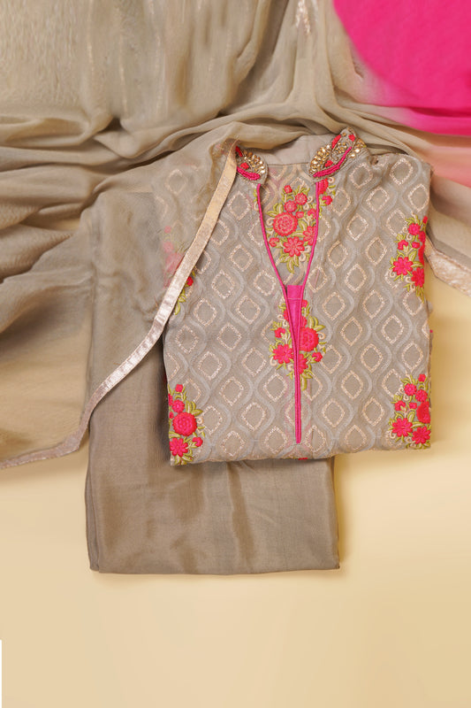 Grey and Pink Embroidered Unstitched Suit Piece