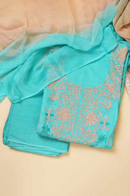 Aqua Blue and Beige Embroidered Unstitched Suit Piece