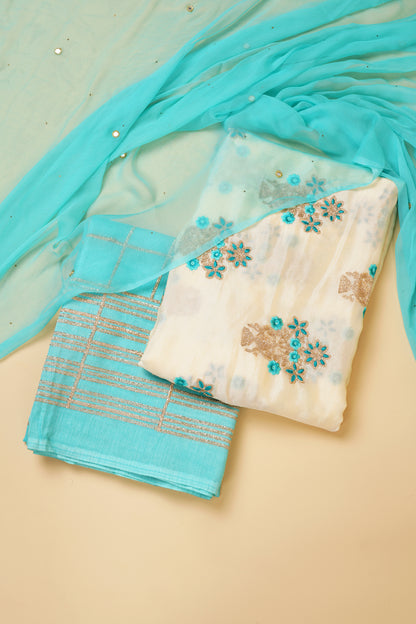 Beige and Aqua Blue Embroidered Unstitched Suit Piece