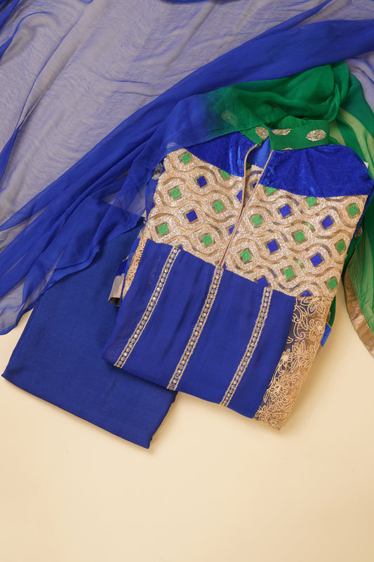 Blue and Green Gota Embroidered Unstitched Suit Piece