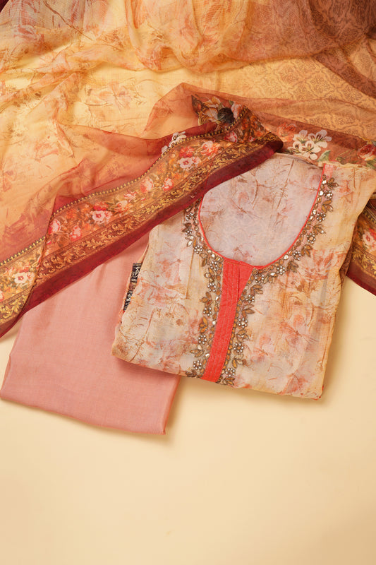 Beige and Peach Floral Digital Printed Unstitched Suit Piece