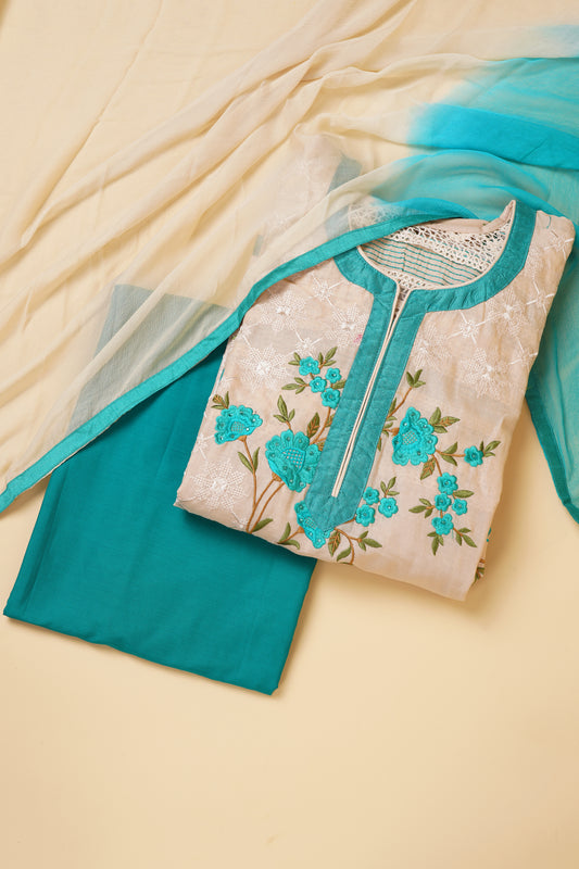 Cream and Teal Embroidered Unstitched Suit Piece