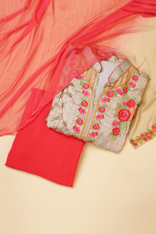 Grey and Red Floral Embroidered Unstitched Suit Piece