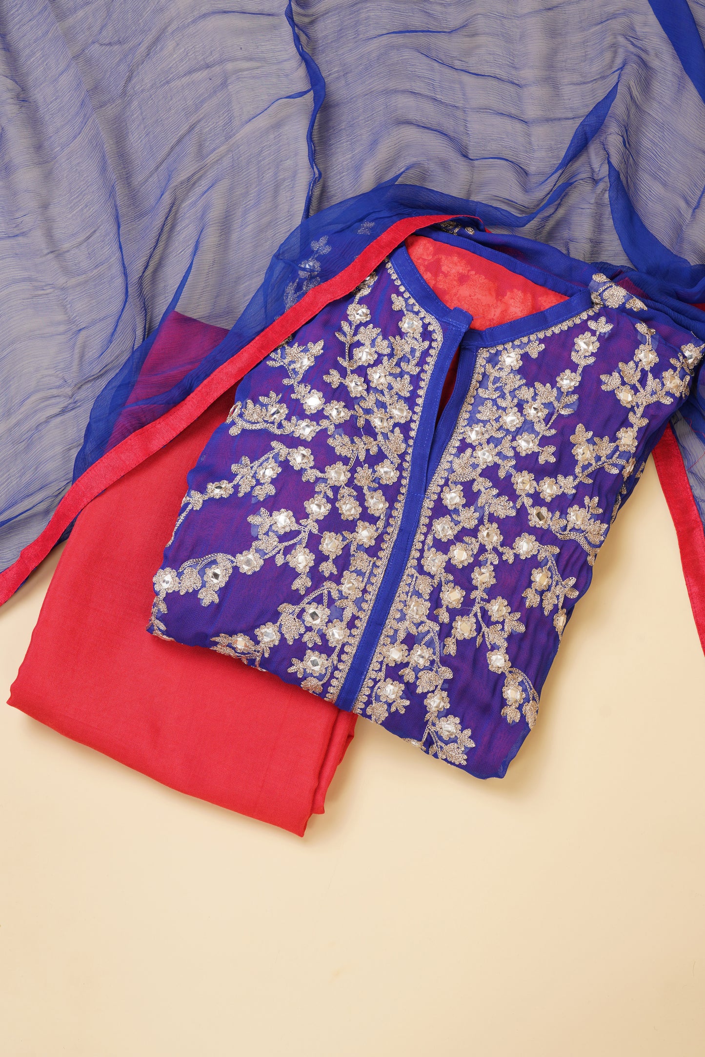 Blue and Red Embroidered Mirrorwork Unstitched Suit Piece