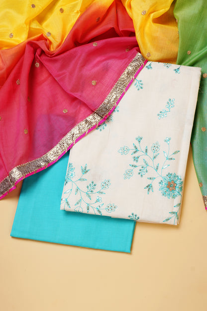 White and Aqua Blue Embroidered Unstitched Suit Piece with Multi-Colour Dupatta