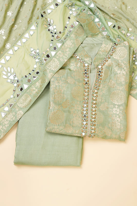 Mint Embroidered Mirrorwork Unstitched Suit Piece