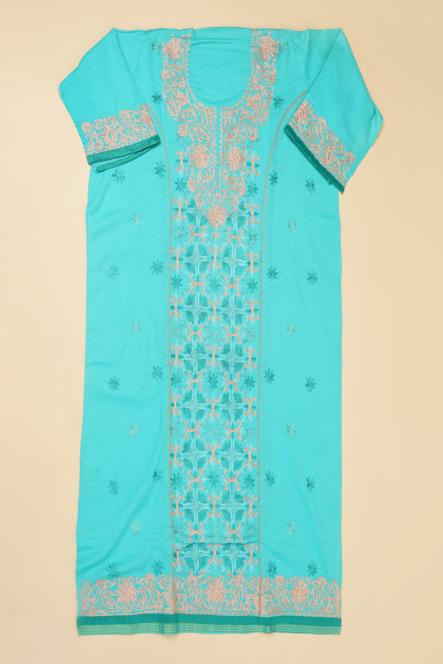 Aqua Blue and Beige Embroidered Unstitched Suit Piece