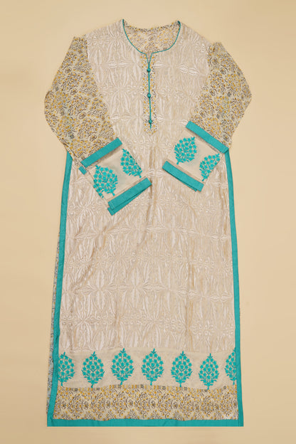 Beige and Teal Embroidered Unstitched Suit Piece