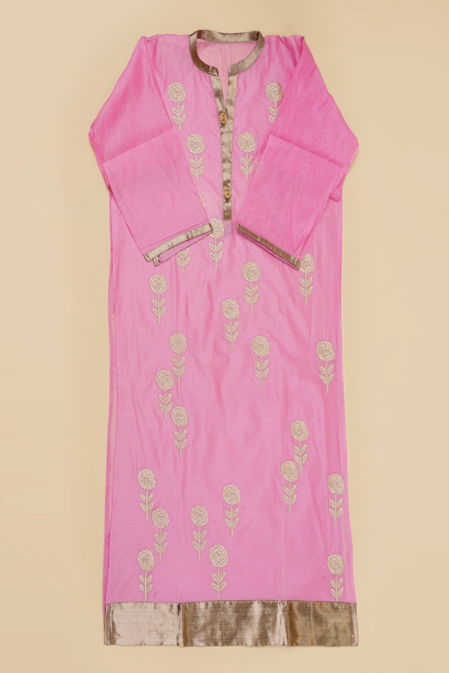 Baby Pink with Gold Work Unstitched Suit Piece