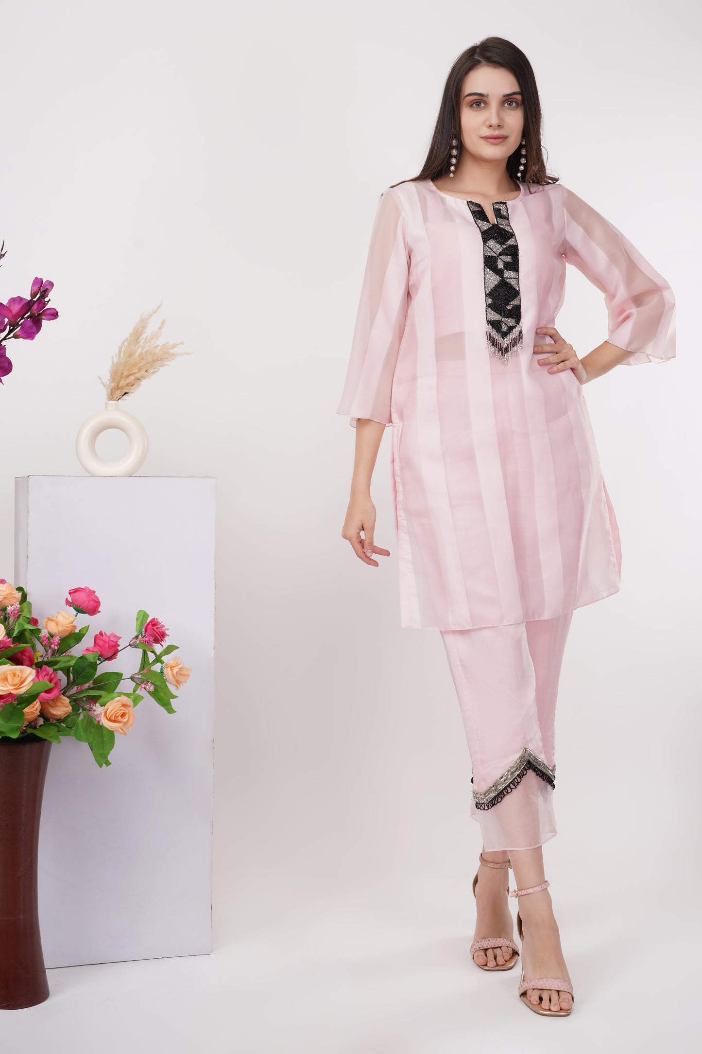 Pink Sheer Kurta, Bralette and Pants Set