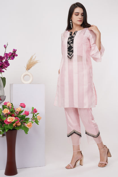 Pink Sheer Kurta, Bralette and Pants Set