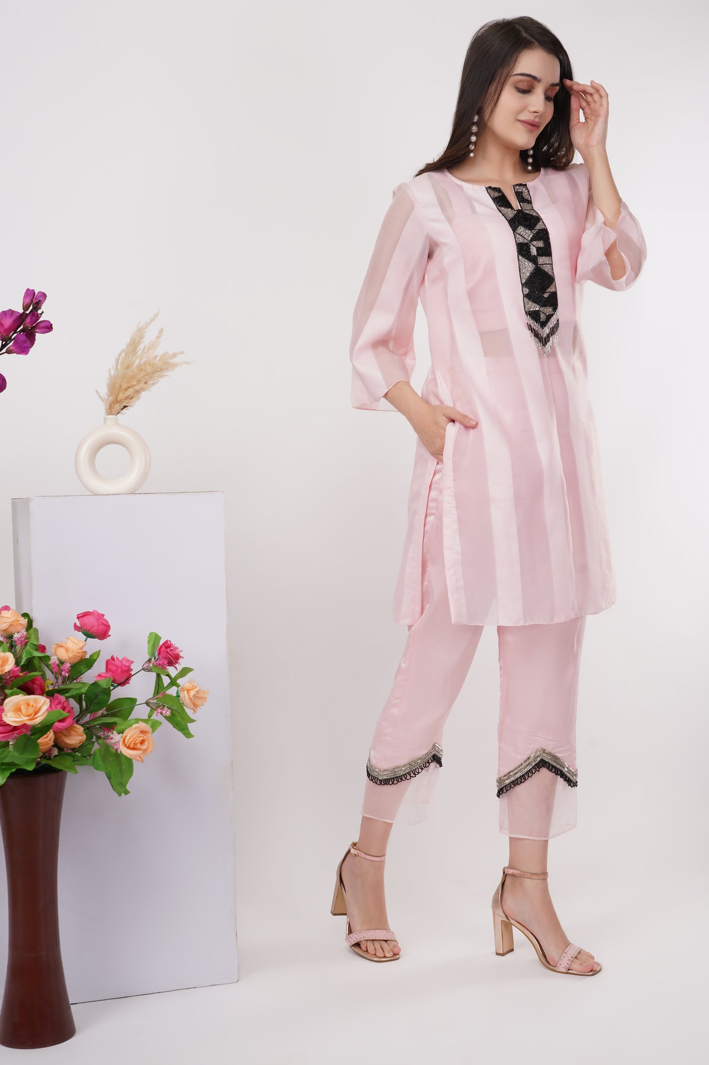 Pink Sheer Kurta, Bralette and Pants Set