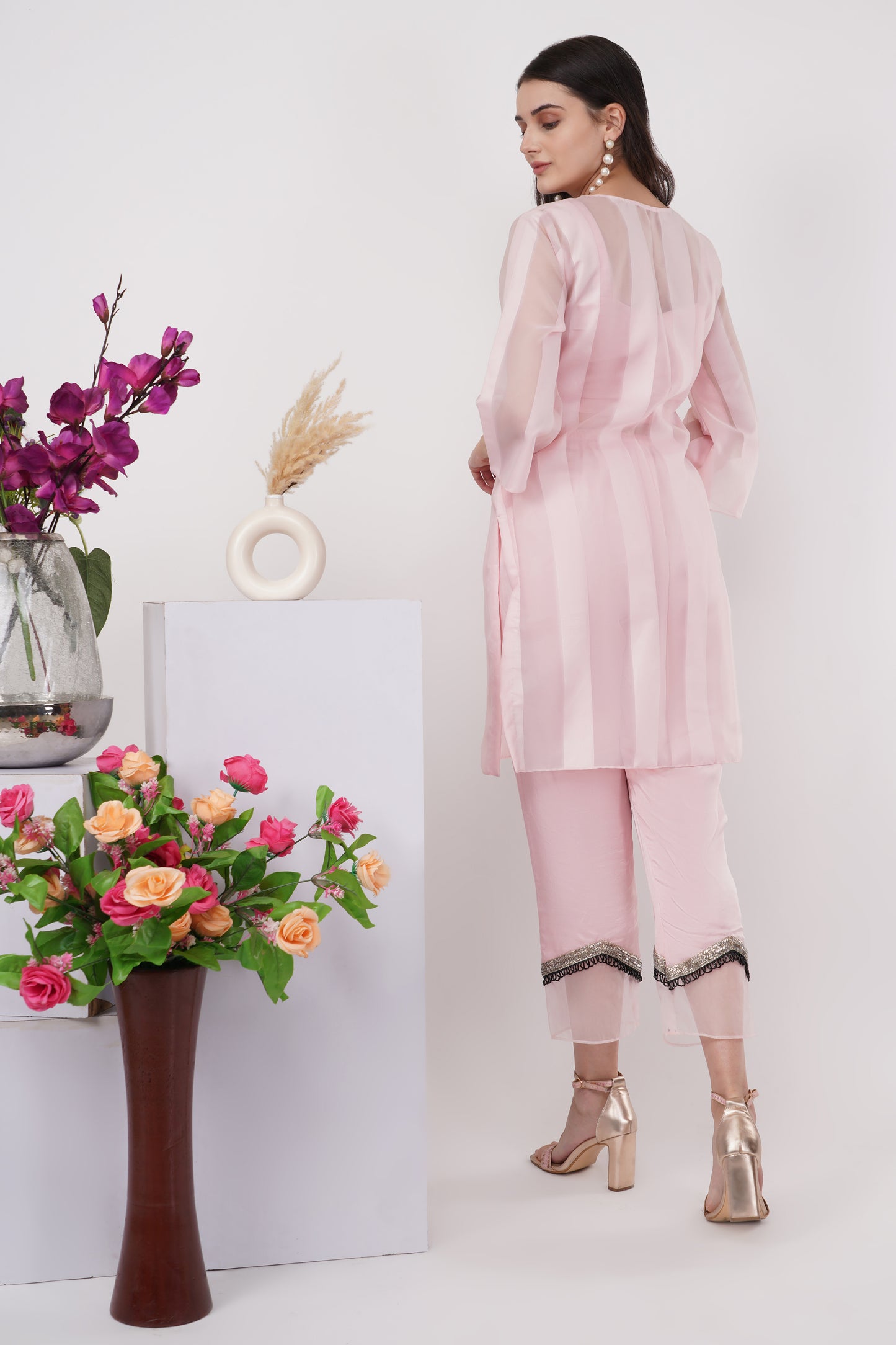 Pink Sheer Kurta, Bralette and Pants Set