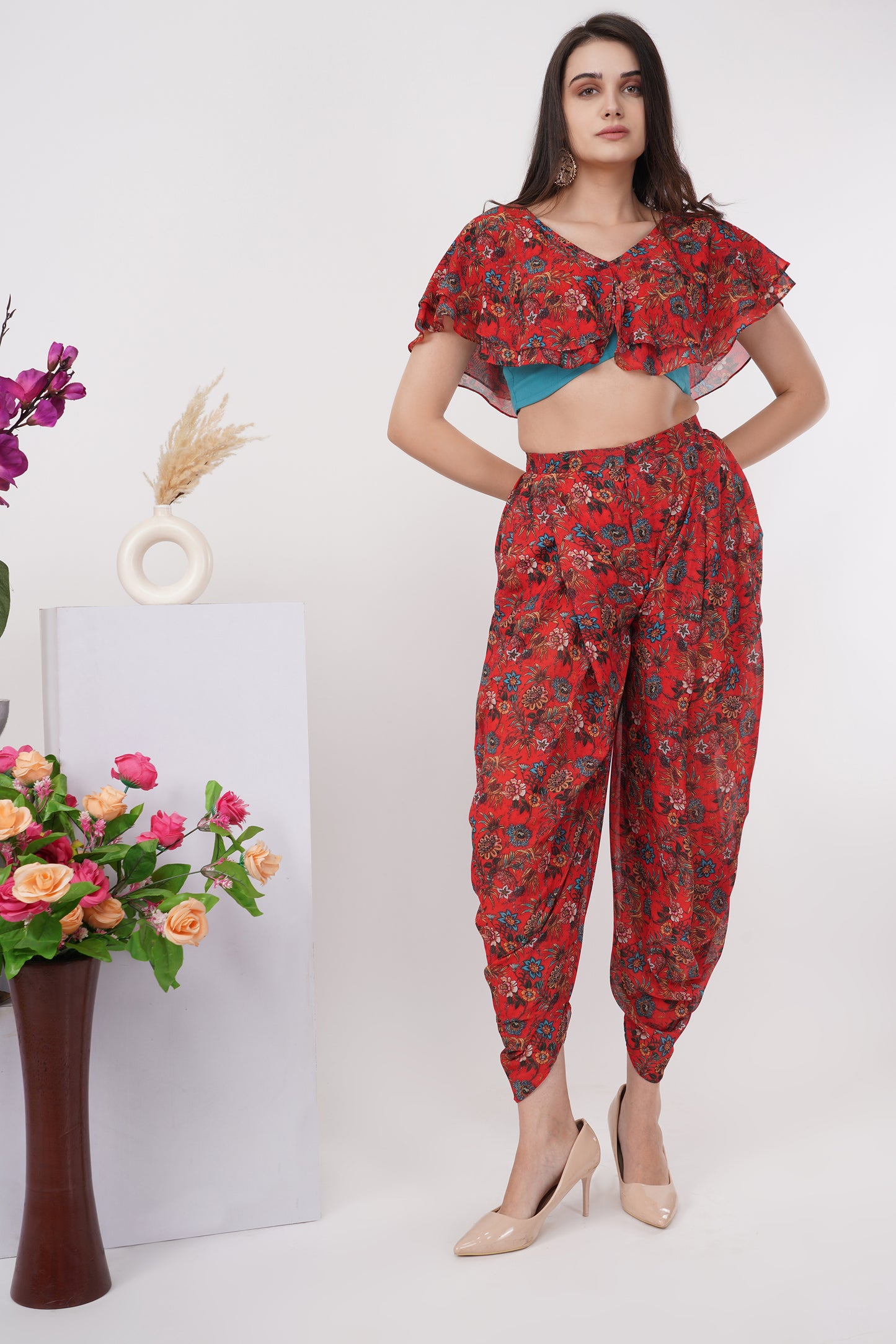 Red Bolero-Style Top and Dhoti Set