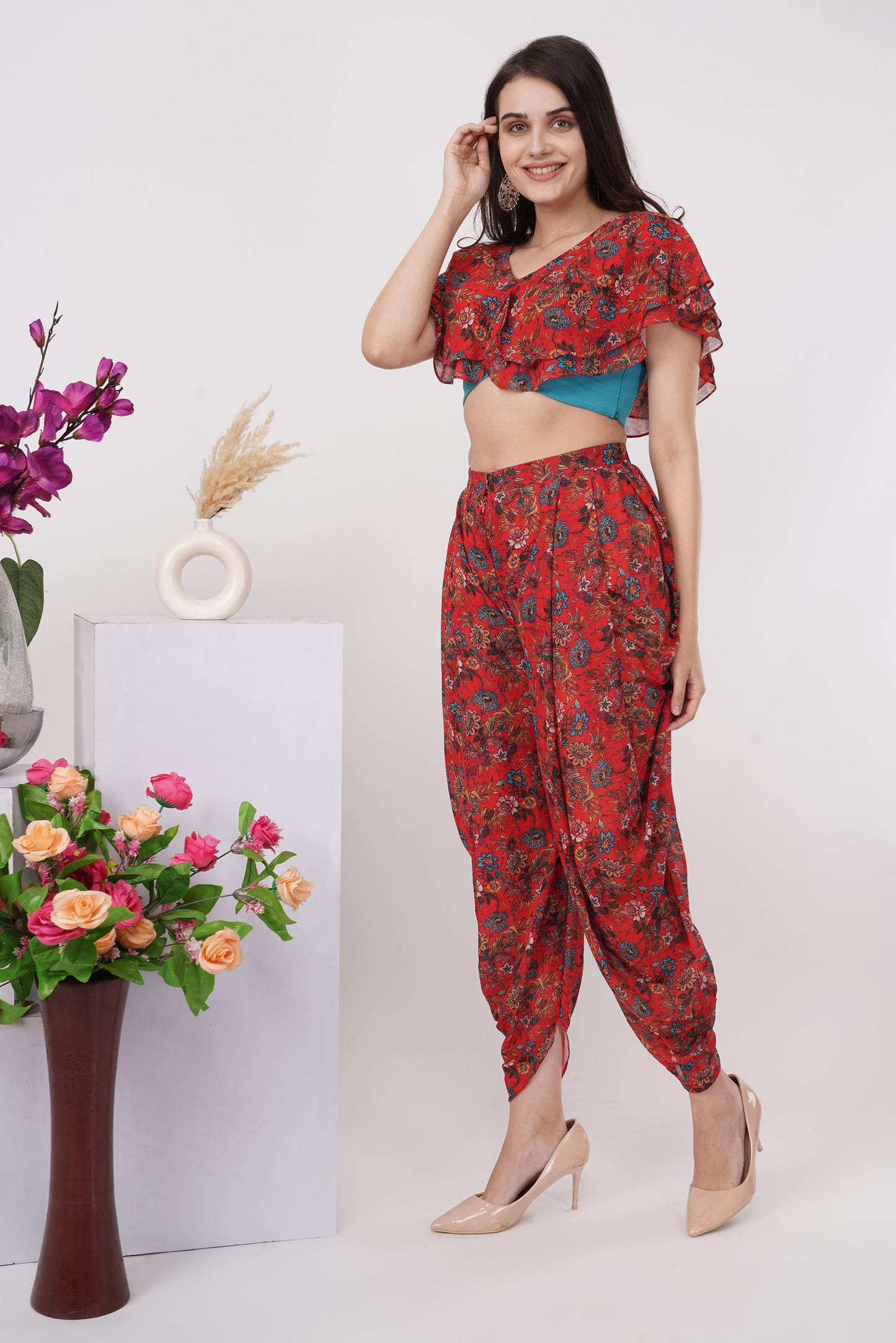 Red Bolero-Style Top and Dhoti Set