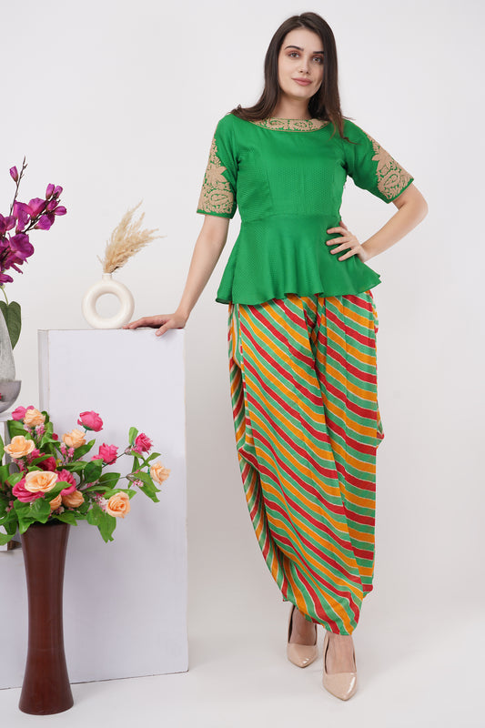 Green Embroidered Top and Dhoti Set