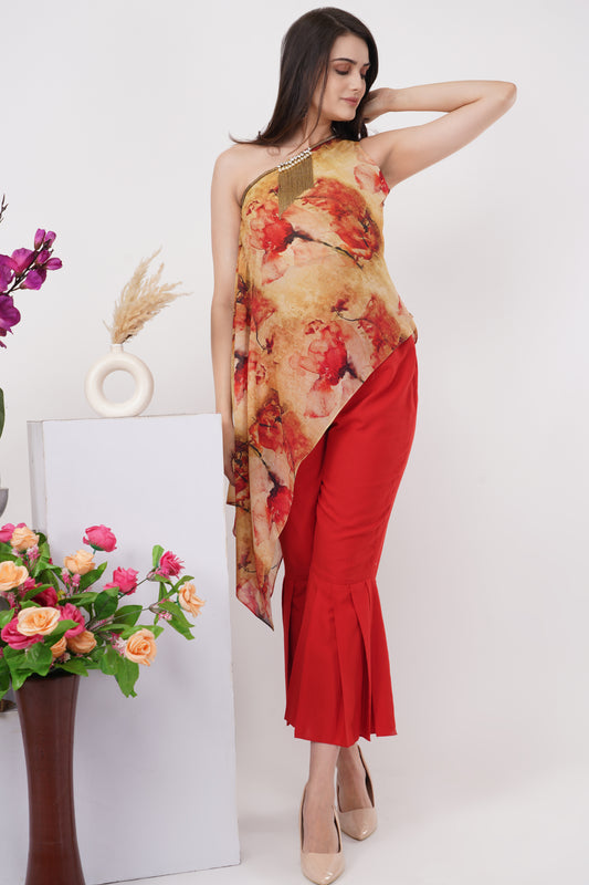 Yellow Red Floral One Shoulder Set