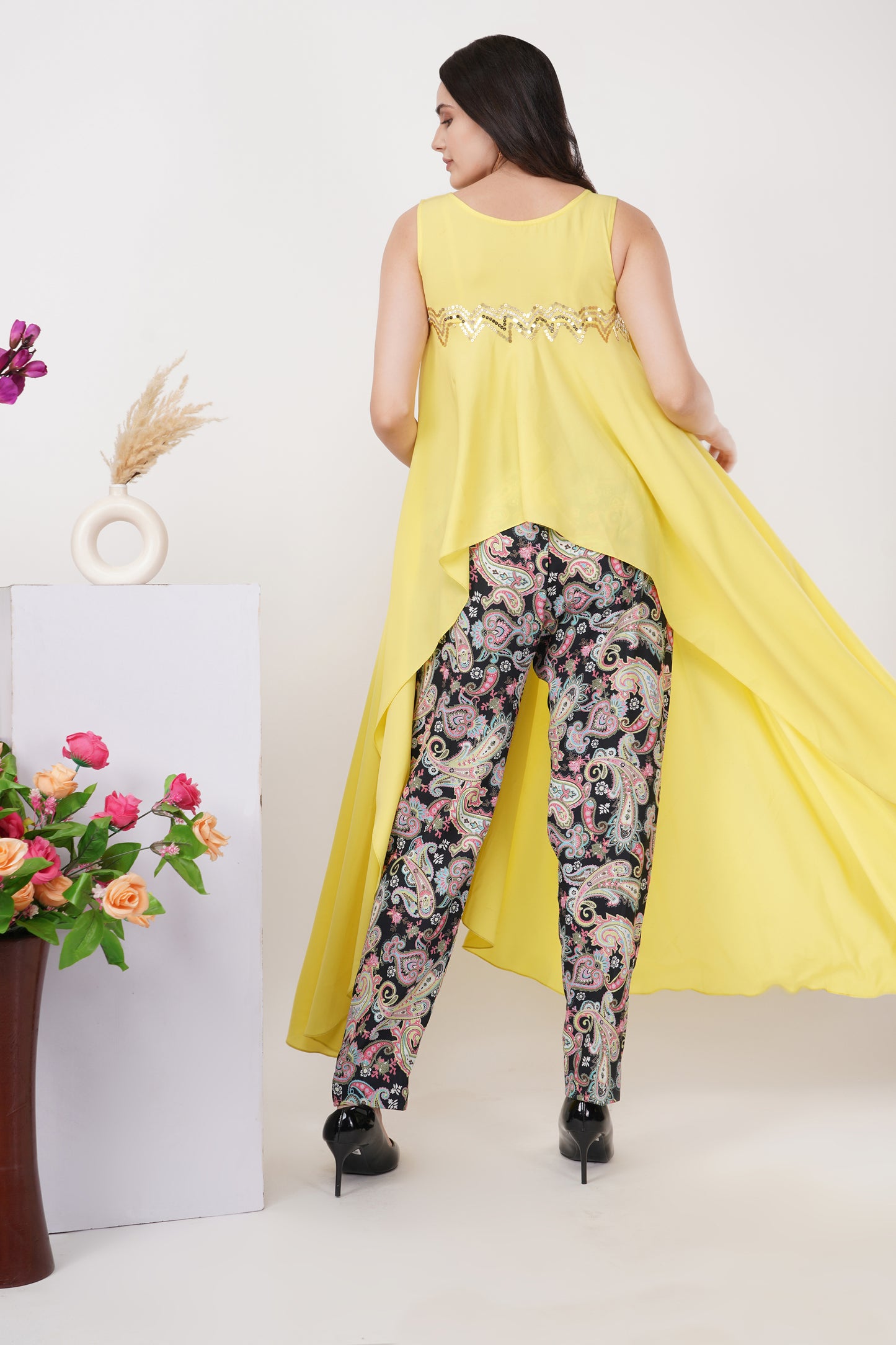 Yellow Multi-wear Top with Black Paisley Pants