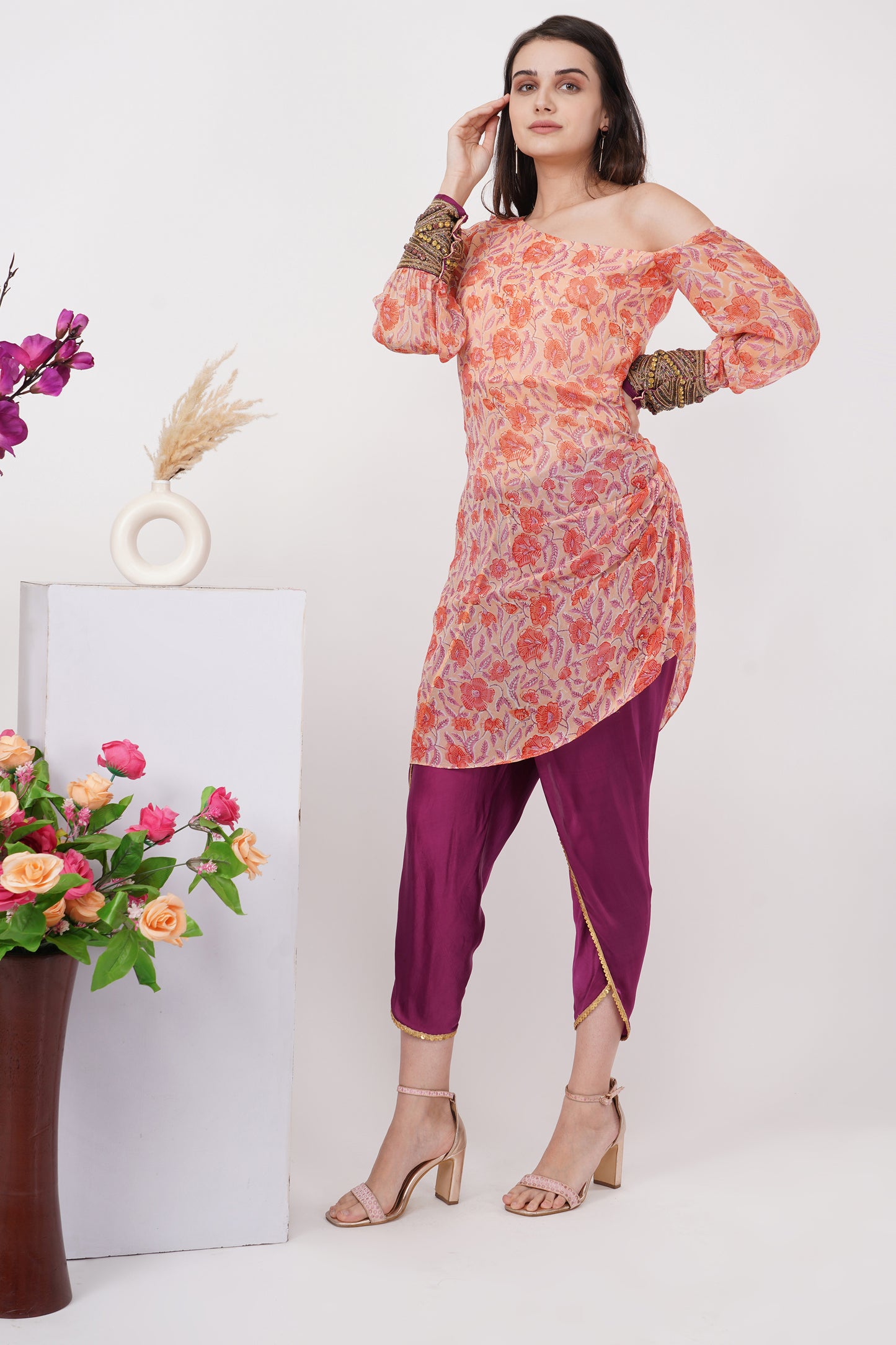 Coral Floral One-Shoulder Tunic Set