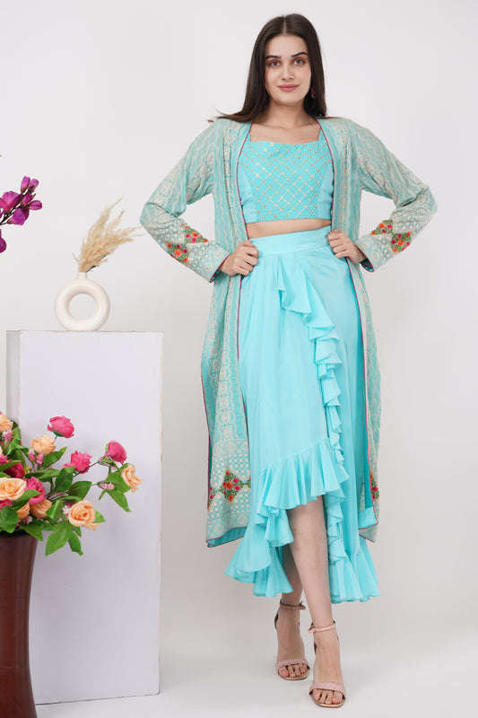 Aqua Top, Skirt and Embroidered Shrug Set