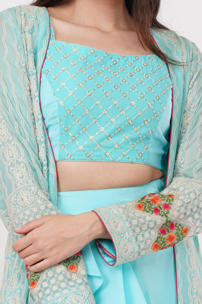 Aqua Top, Skirt and Embroidered Shrug Set