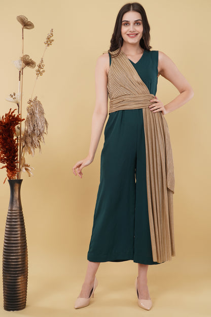 Emerald Jumpsuit with Beige Tie-up Detail