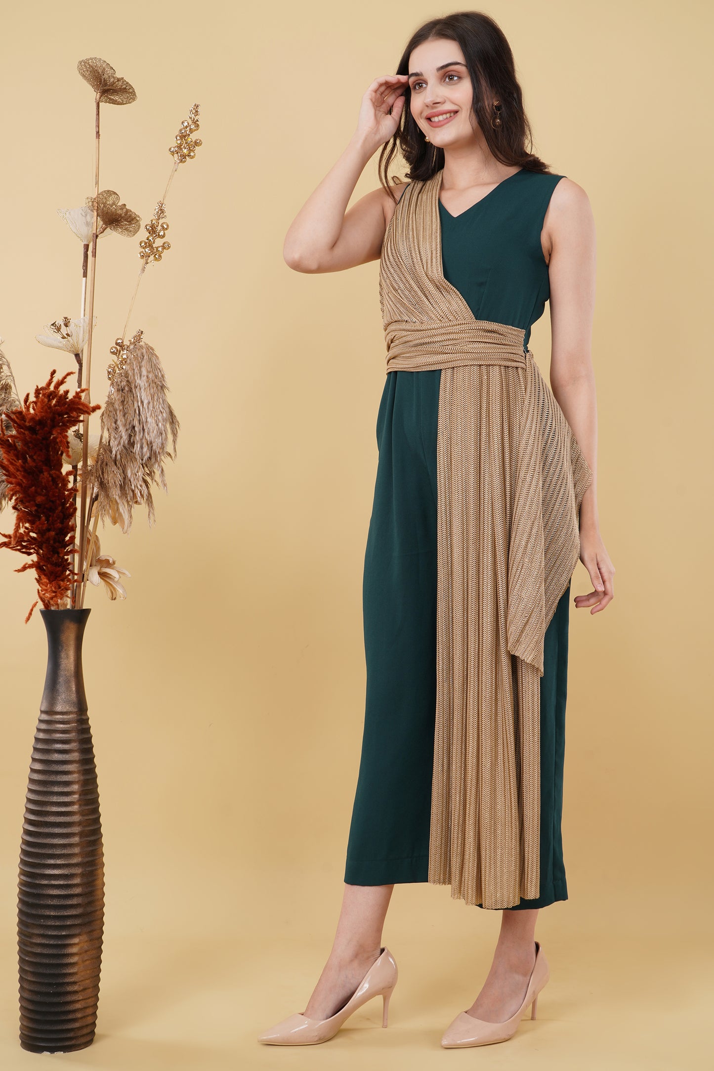 Emerald Jumpsuit with Beige Tie-up Detail