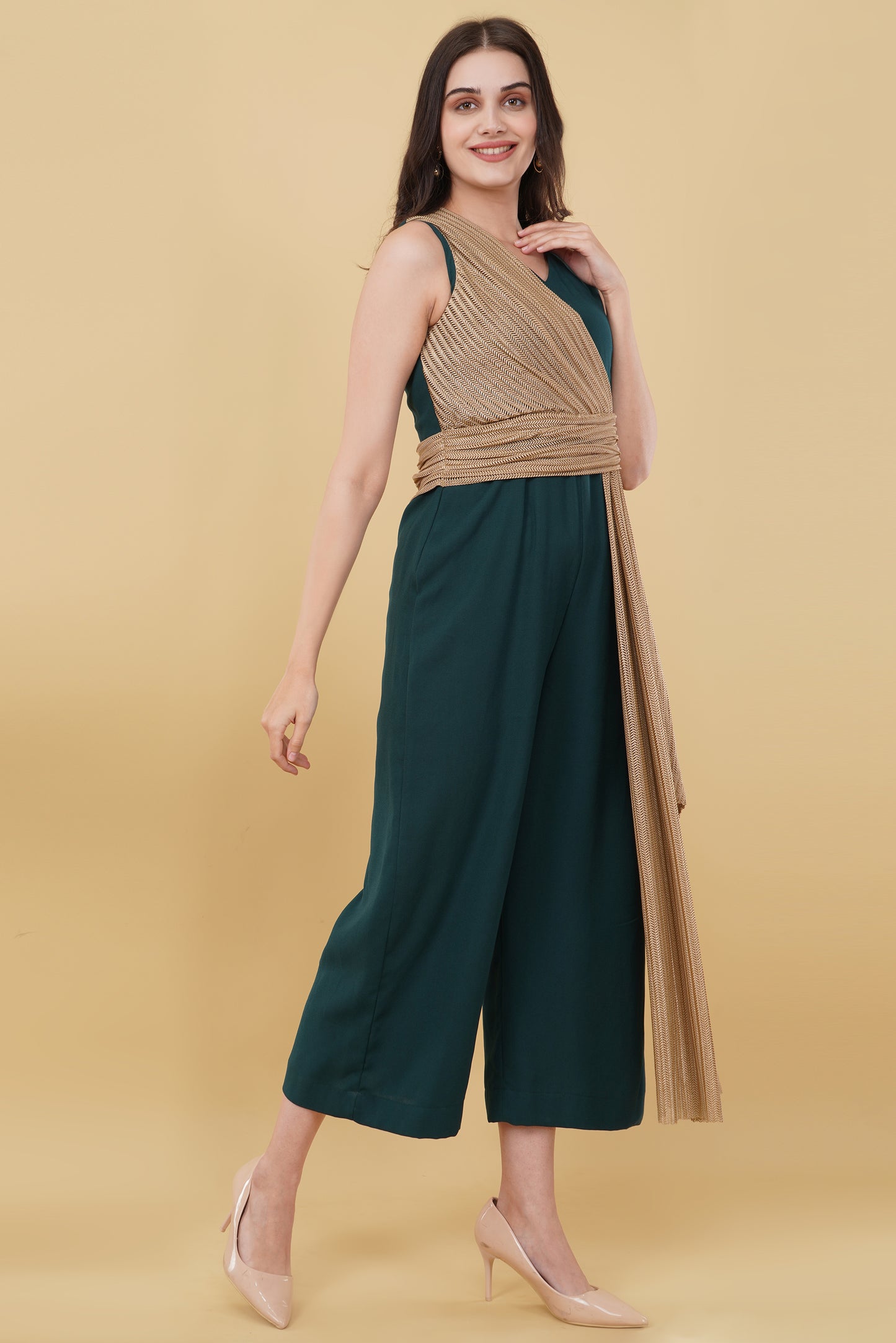 Emerald Jumpsuit with Beige Tie-up Detail