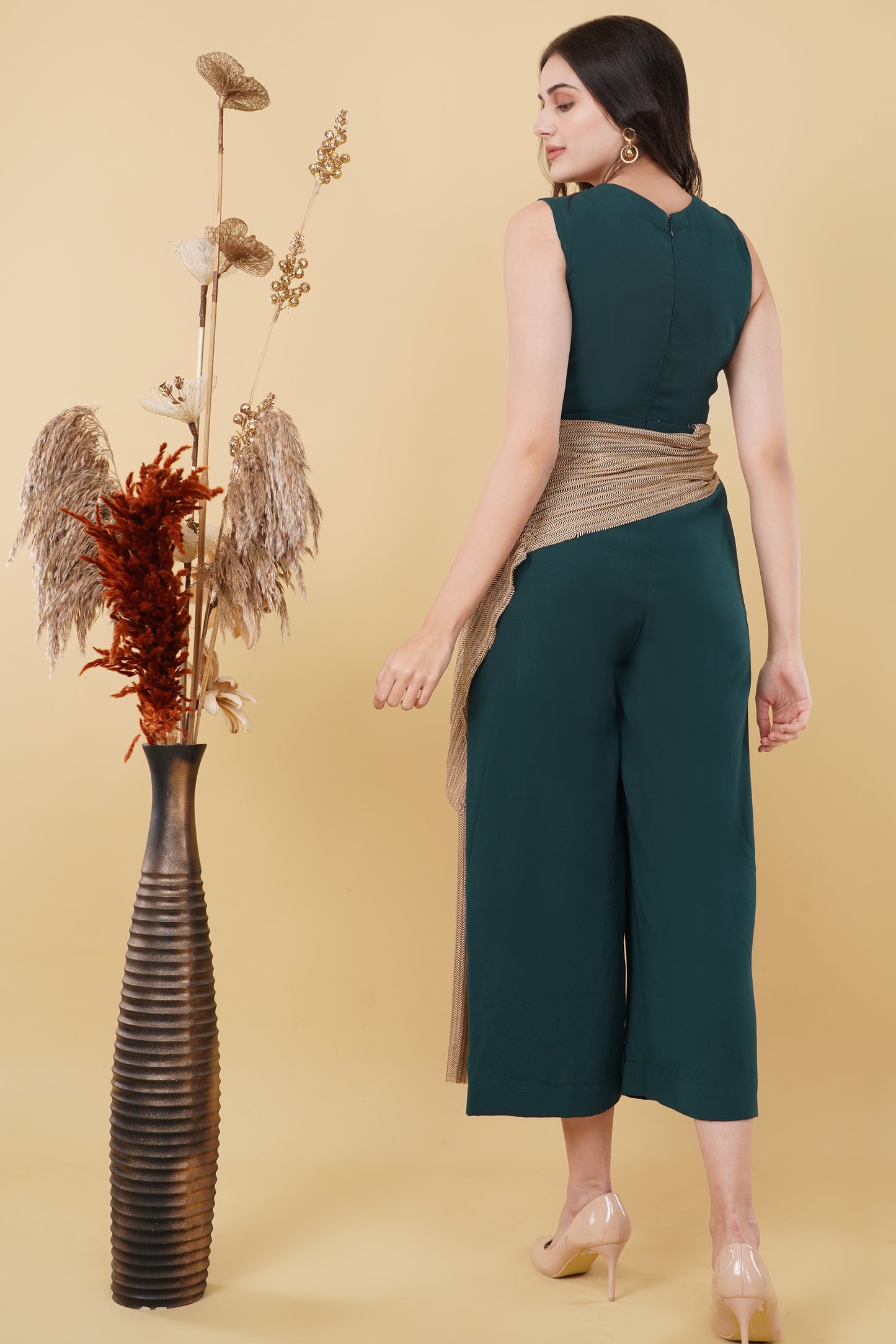 Emerald Jumpsuit with Beige Tie-up Detail