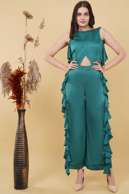 Teal Cascade Detail Cutout Jumpsuit