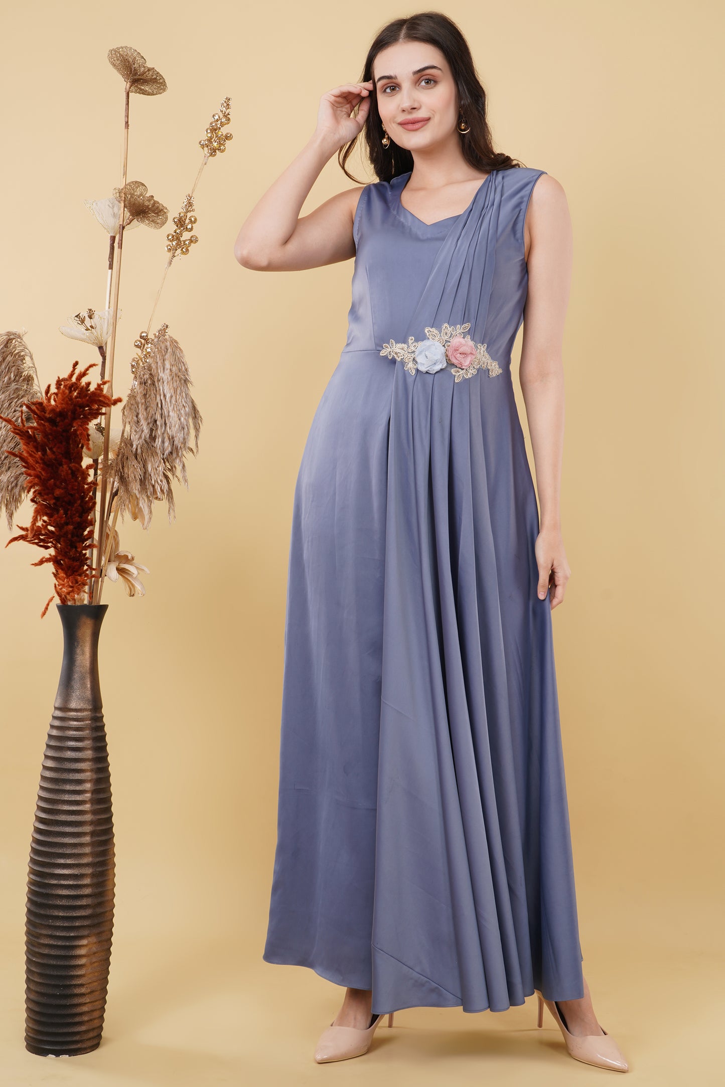 Dust Lavender Jumpsuit with Pleated Side and Floral Detail