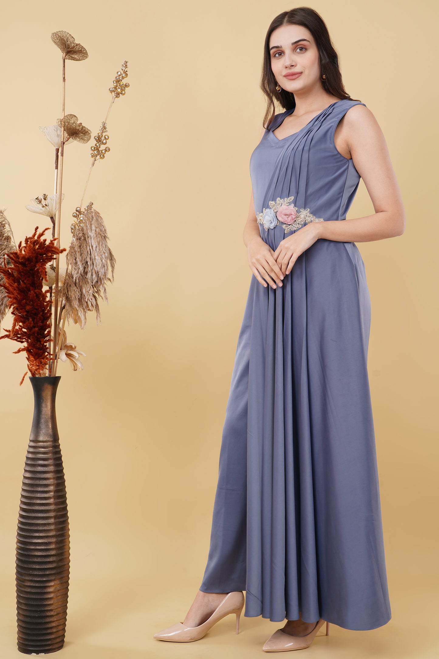 Dust Lavender Jumpsuit with Pleated Side and Floral Detail