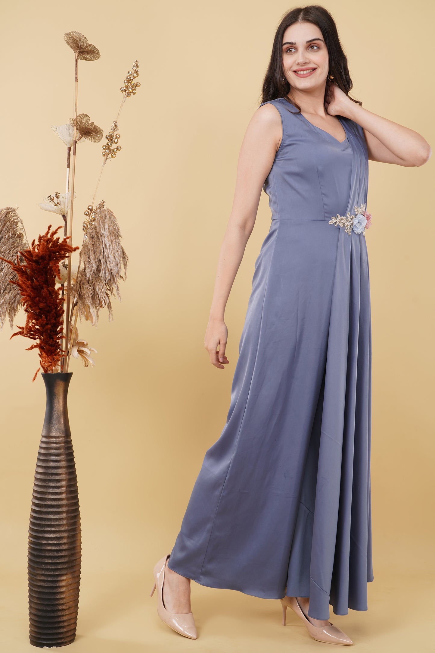 Dust Lavender Jumpsuit with Pleated Side and Floral Detail