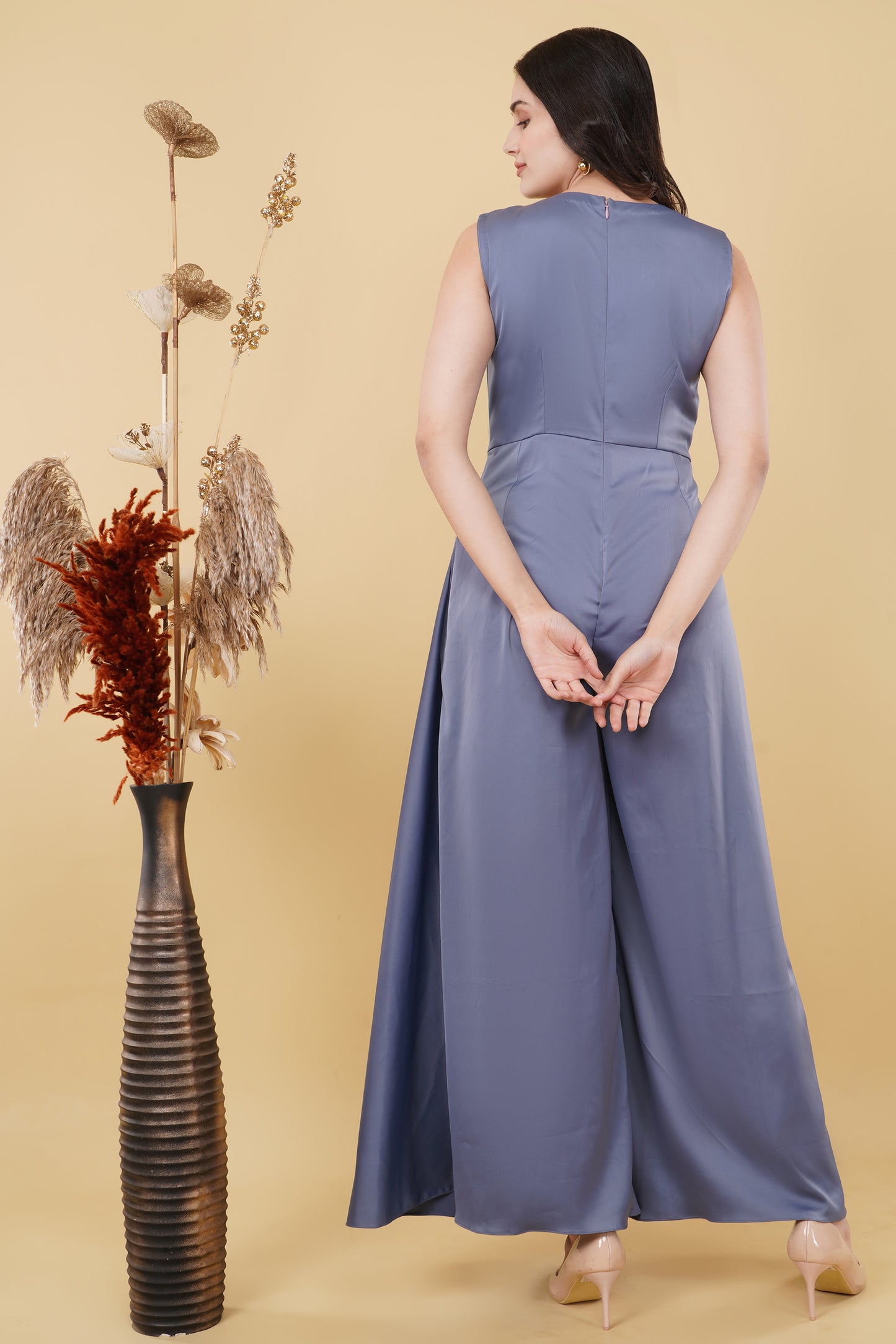 Dust Lavender Jumpsuit with Pleated Side and Floral Detail