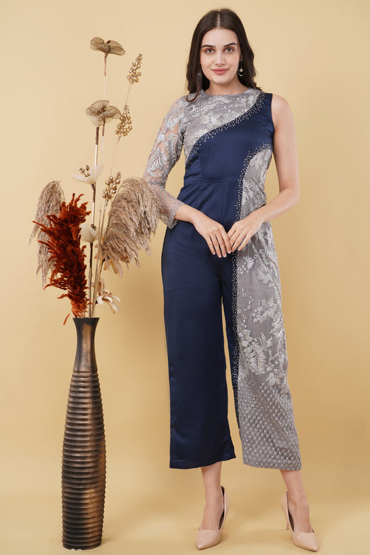 Navy and Silver Embroidered Single Sleeve Jumpsuit