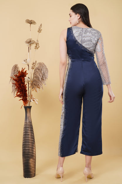 Navy and Silver Embroidered Single Sleeve Jumpsuit