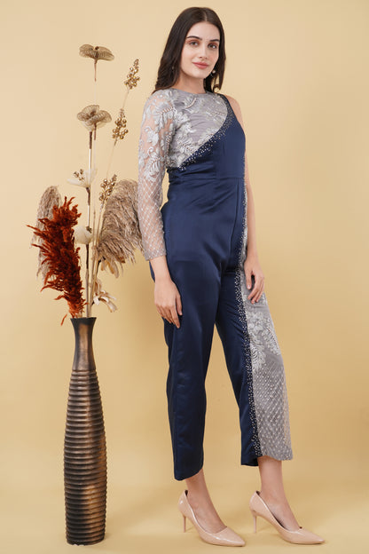 Navy and Silver Embroidered Single Sleeve Jumpsuit