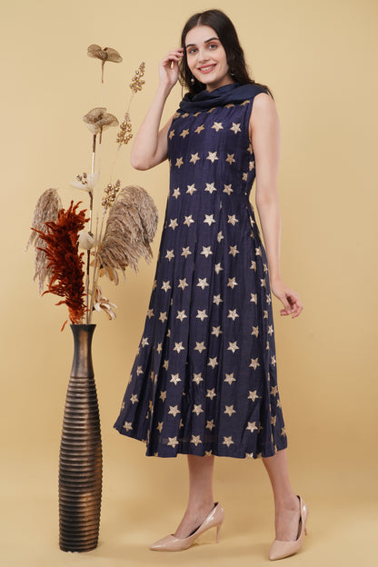 Navy Blue Cowl Neck Star Motif Straight Cut Dress