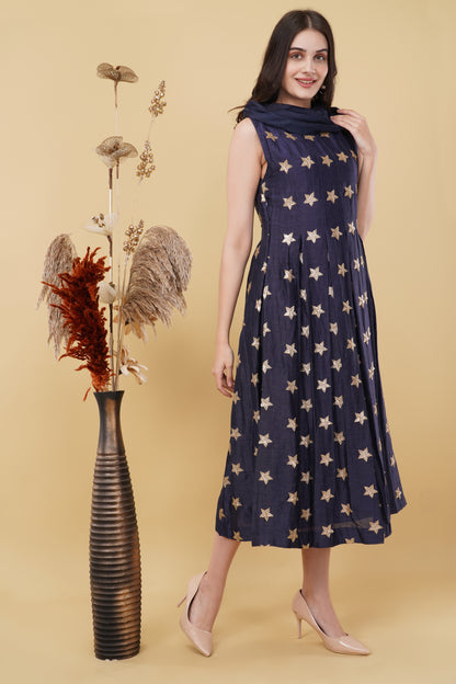 Navy Blue Cowl Neck Star Motif Straight Cut Dress