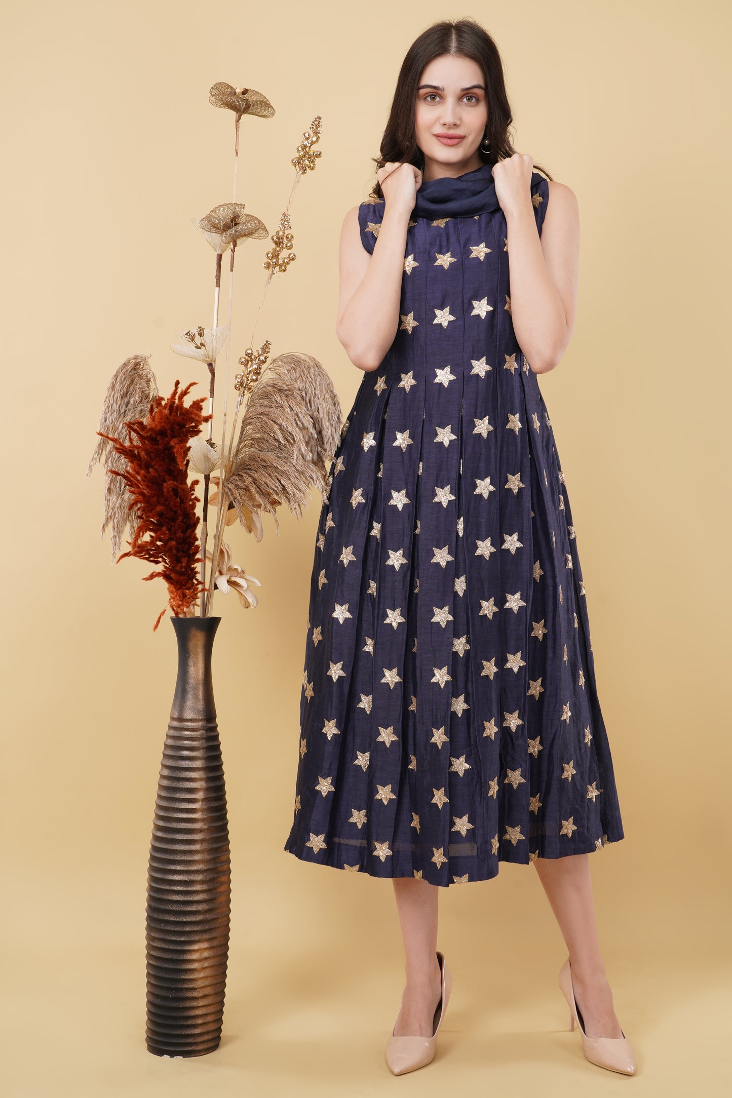 Navy Blue Cowl Neck Star Motif Straight Cut Dress