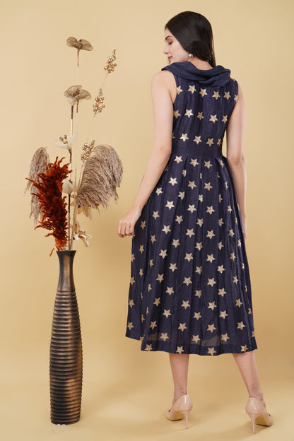 Navy Blue Cowl Neck Star Motif Straight Cut Dress