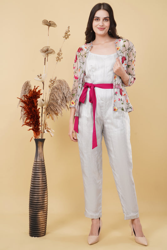 Silver Jumpsuit with Belt and Sheer Floral Jacket