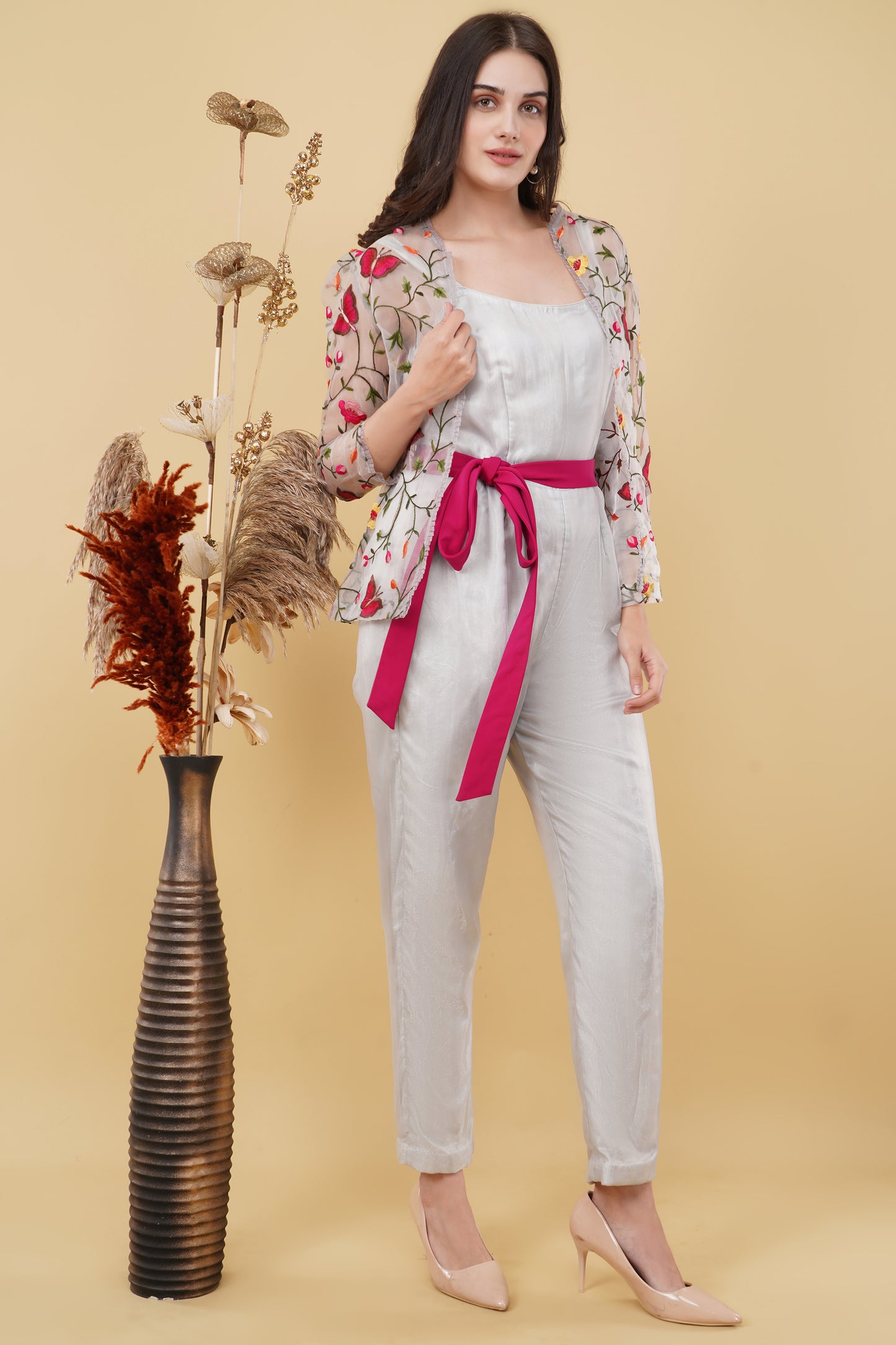 Silver Jumpsuit with Belt and Sheer Floral Jacket