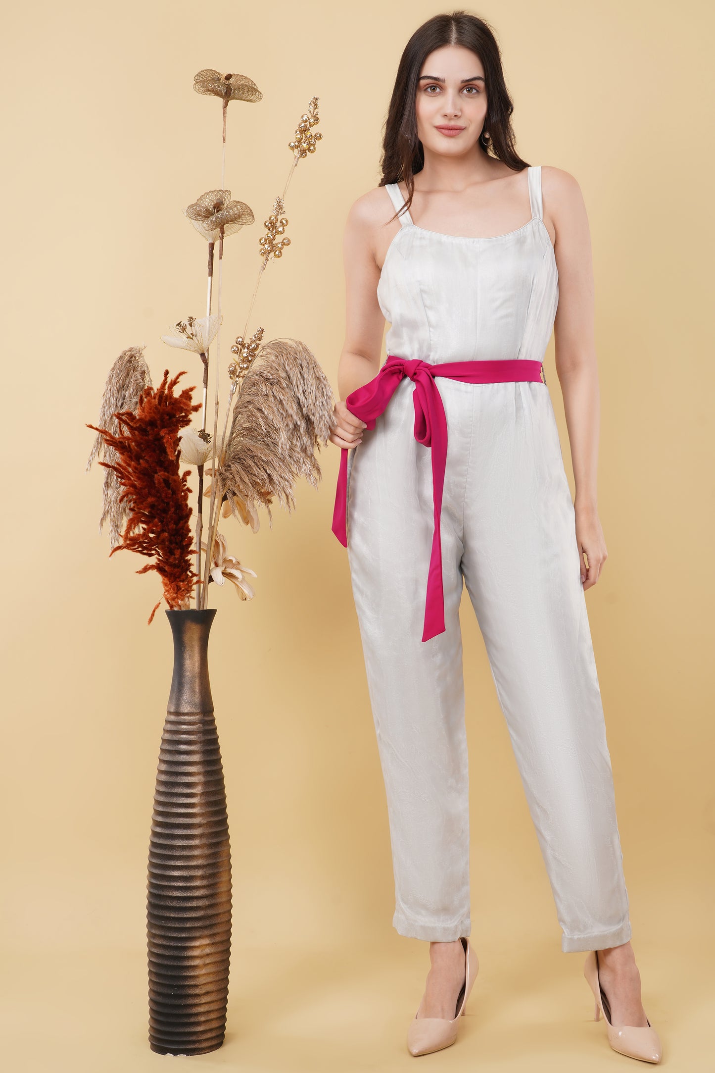 Silver Jumpsuit with Belt and Sheer Floral Jacket