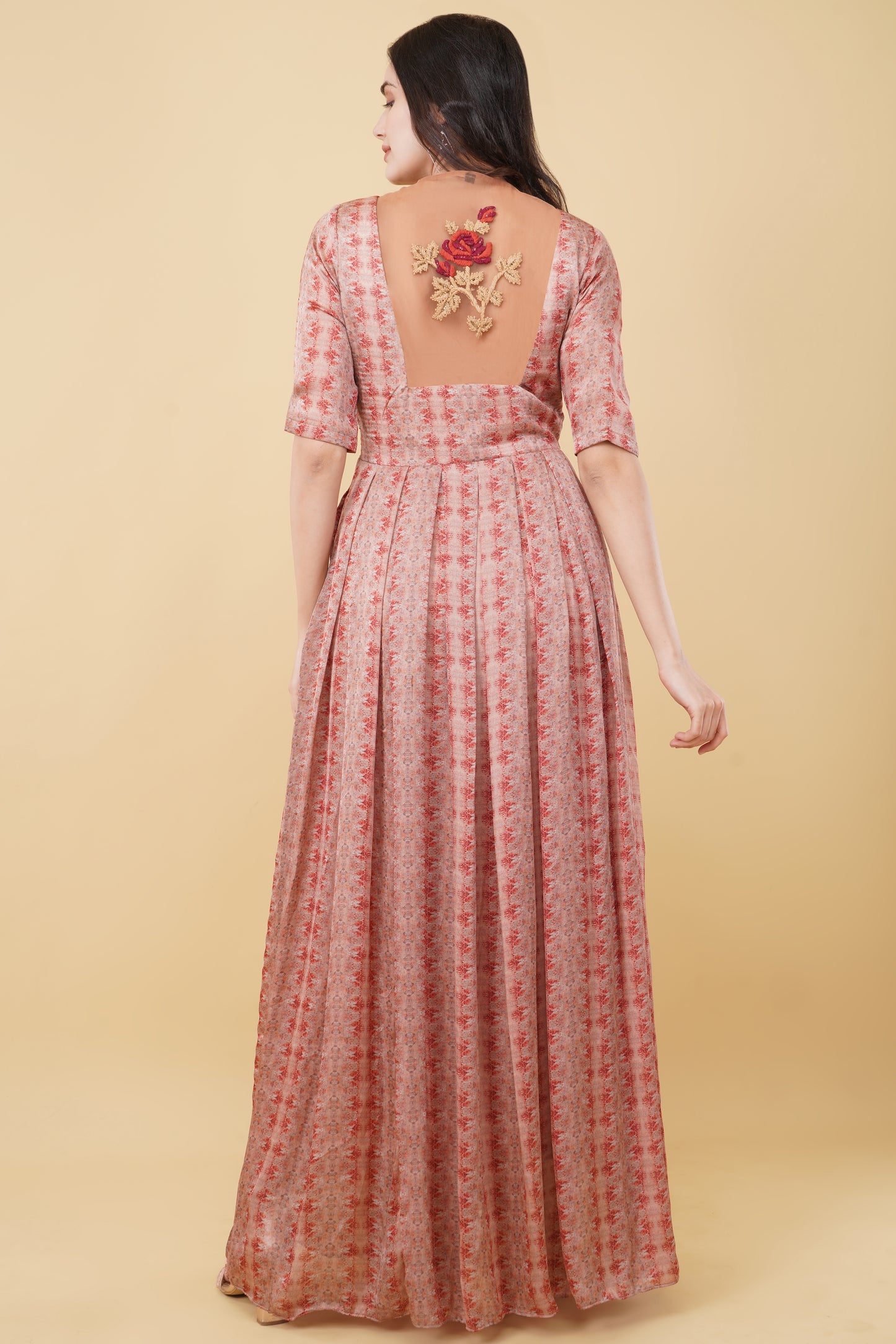 Coral Padded Printed Straight Cut Dress with Embroidered Back