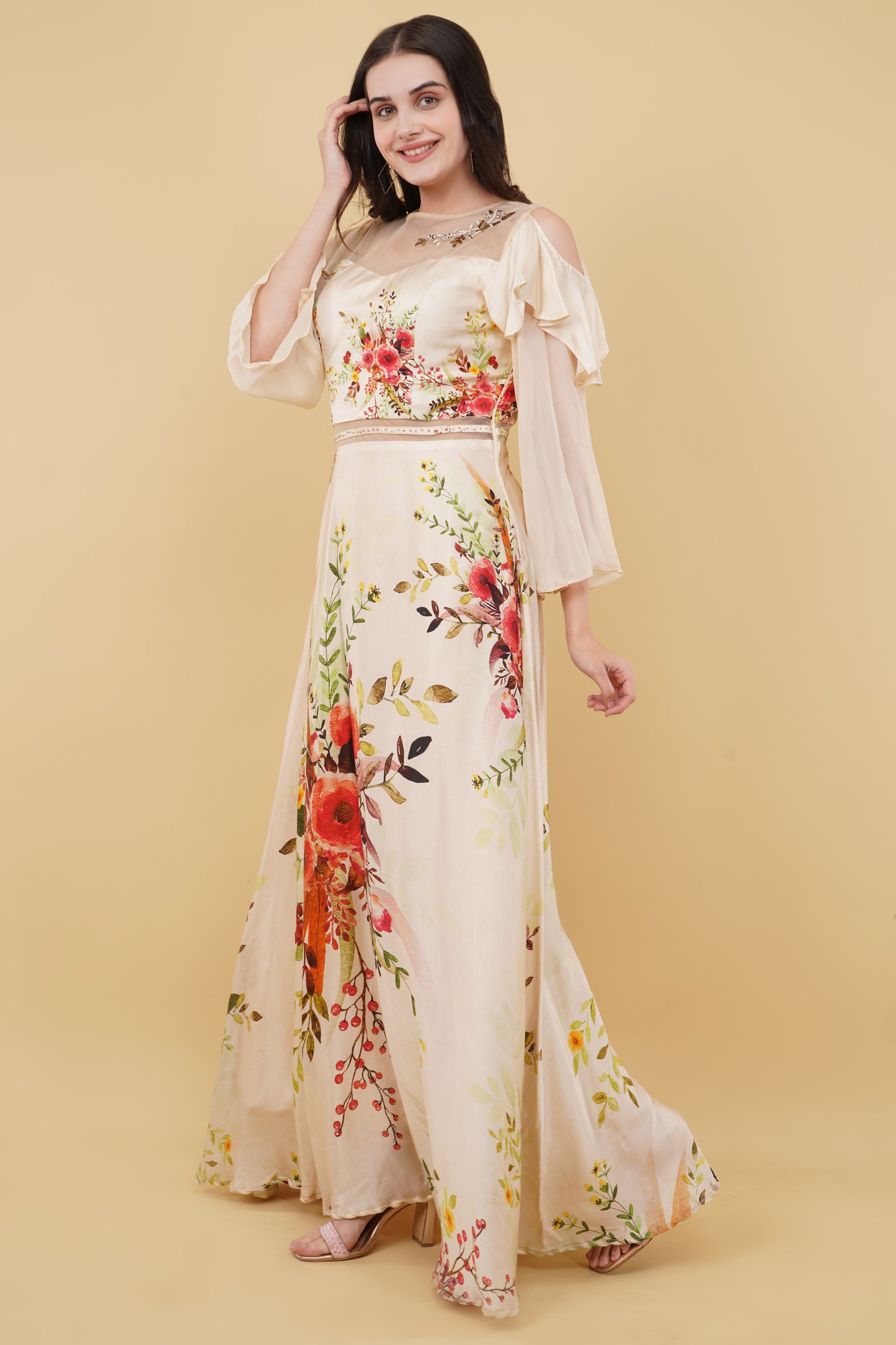 White Cold-Shoulder Padded Straight Cut Floral Printed Dress