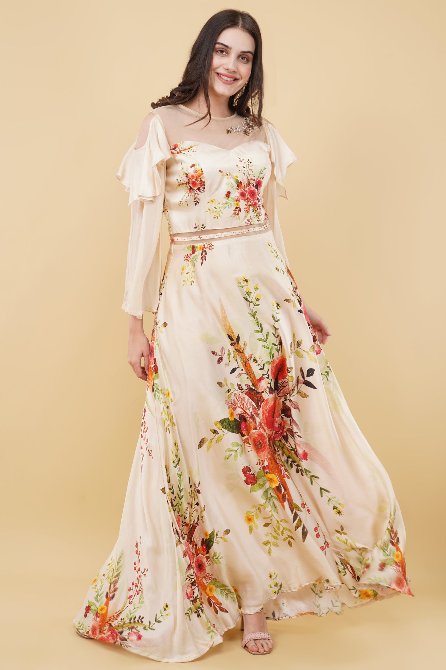 White Cold-Shoulder Padded Straight Cut Floral Printed Dress