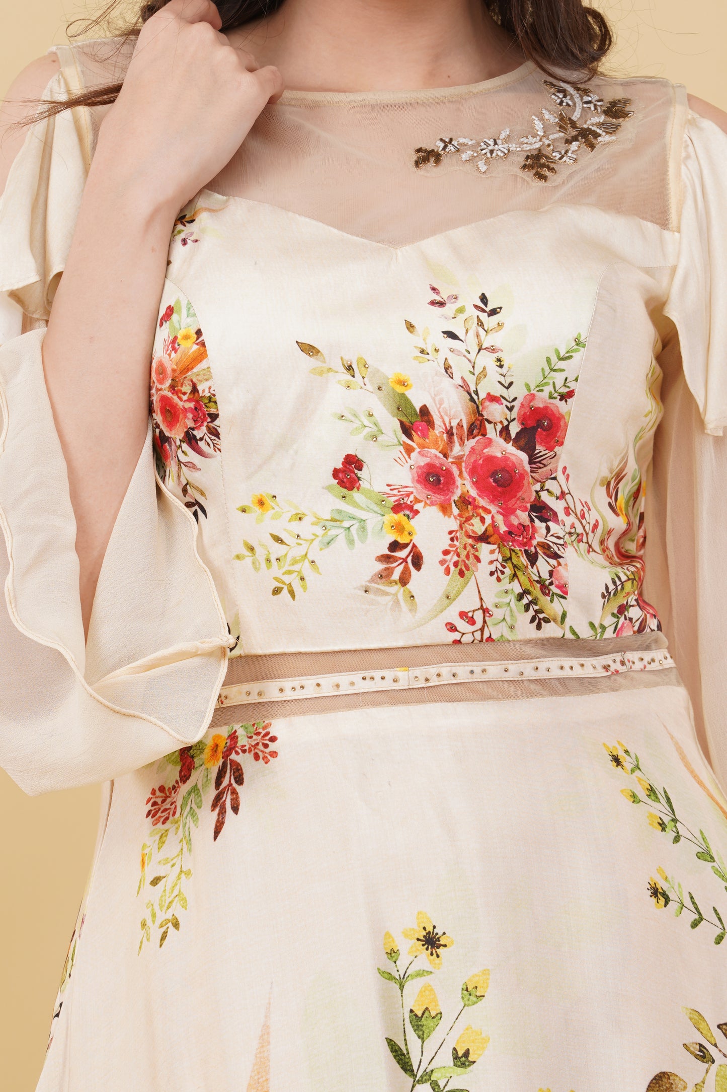 White Cold-Shoulder Padded Straight Cut Floral Printed Dress