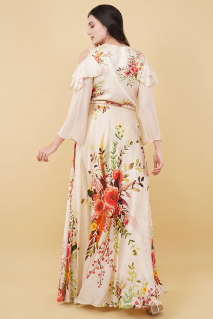 White Cold-Shoulder Padded Straight Cut Floral Printed Dress