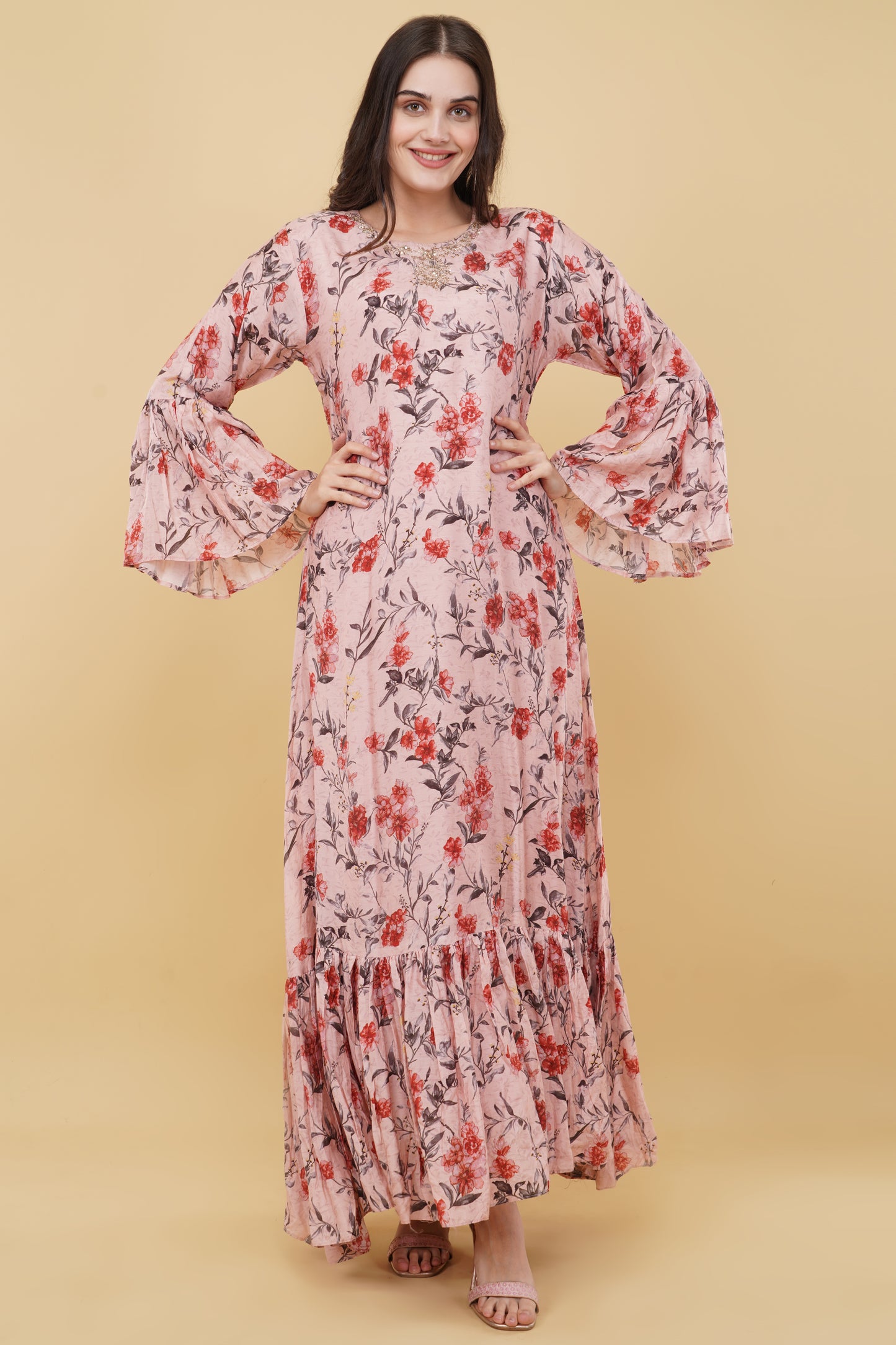 Peach Floral Flared Dress